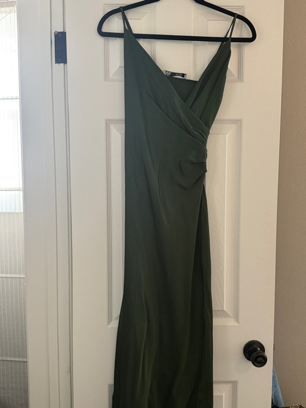 Zara Olive Green Slip Dress with Draped V-Neck